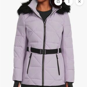 Michael Kors Lilac Quilted Belted Puffer Jacket with Black Fur Trim